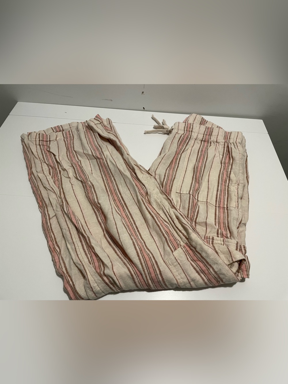 ROXY Brand Women's size Large Beige & Pink Striped Linen Blend Wide Leg Pants